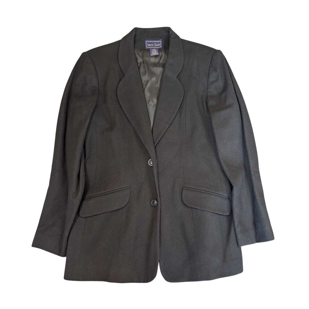 Womens Laura Scott Black 100% Wool Single-Breasted Jacket Coat Blazer Size 12